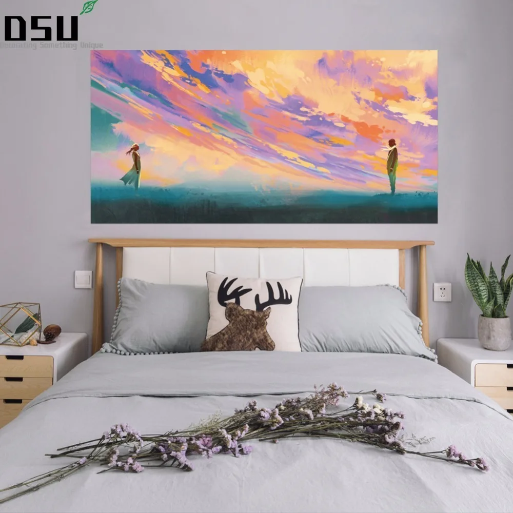 3DVivid Stående Overfor hinanden Mod Farverige Sky illustration Maleri sengens Hovedgærde Wall Sticker Soveværelse Indretning