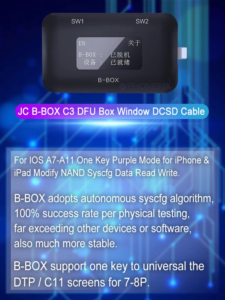 JC B-MAX C3 DFU Værktøj til A7-A11 Til iPhone SE/6/6P/6S/6SP/7/7P/8/8P/X-En Nøgle Lilla Tilstand Låse WIFI Ændre NAND Syscfg Data