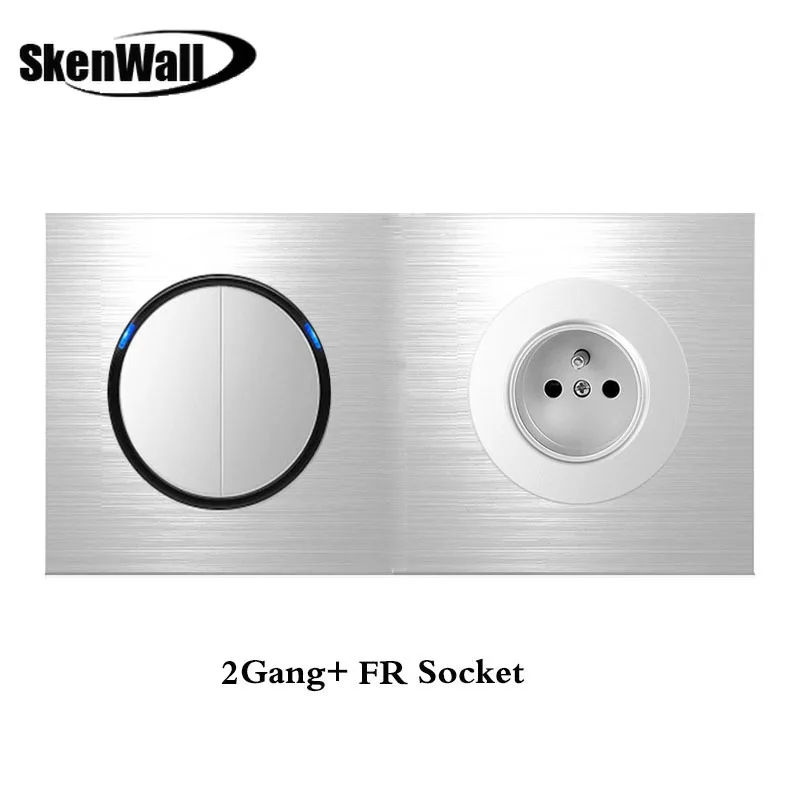 EU-Standard for Stik fransk Socket Triple Skift+ Socket Husstand Sølv Aluminiumslegering Panel Skifte Socket 90V-250V