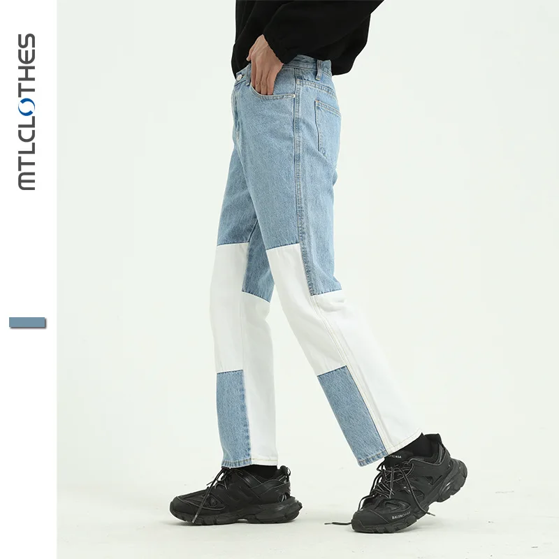 Efteråret Patchwork Jeans til Mænd Blå Hvid Panel, Lige Jeans Denim Baggy Jeans Bell Bottom-Jeans Straight Leg Jeans Bomuld