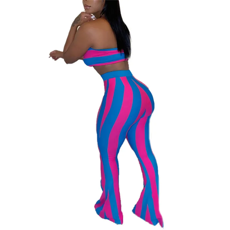 Mode Farverige Stribet Print Træningsdragt For Kvinder Stropløse Tube Top Flare Pants 2 Stykker Afgrøde Top og Lange Bukser Kvinder Outfits