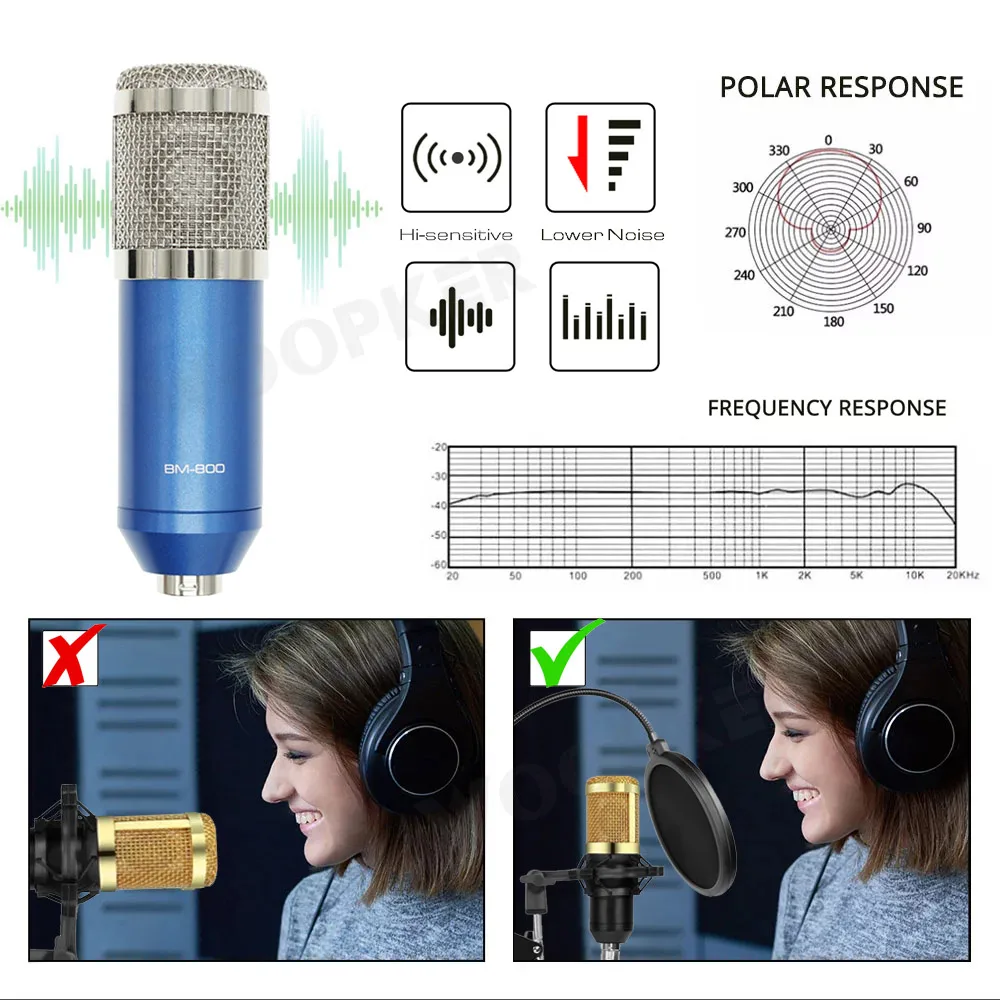 Kabel Mikrofon BM 800 Mic stå Studio kondensator Mikrofon Med Filter V8 Lyd Kort Vokal Optagelse KTV Karaoke Mikrofon
