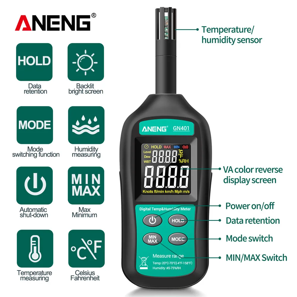 ANENG GN401 Mini Temperatur Luftfugtighed Meter Håndholdte Ingen Kontakt Præcision Digital Aircondition, Termometer, Hygrometer Måler Tester