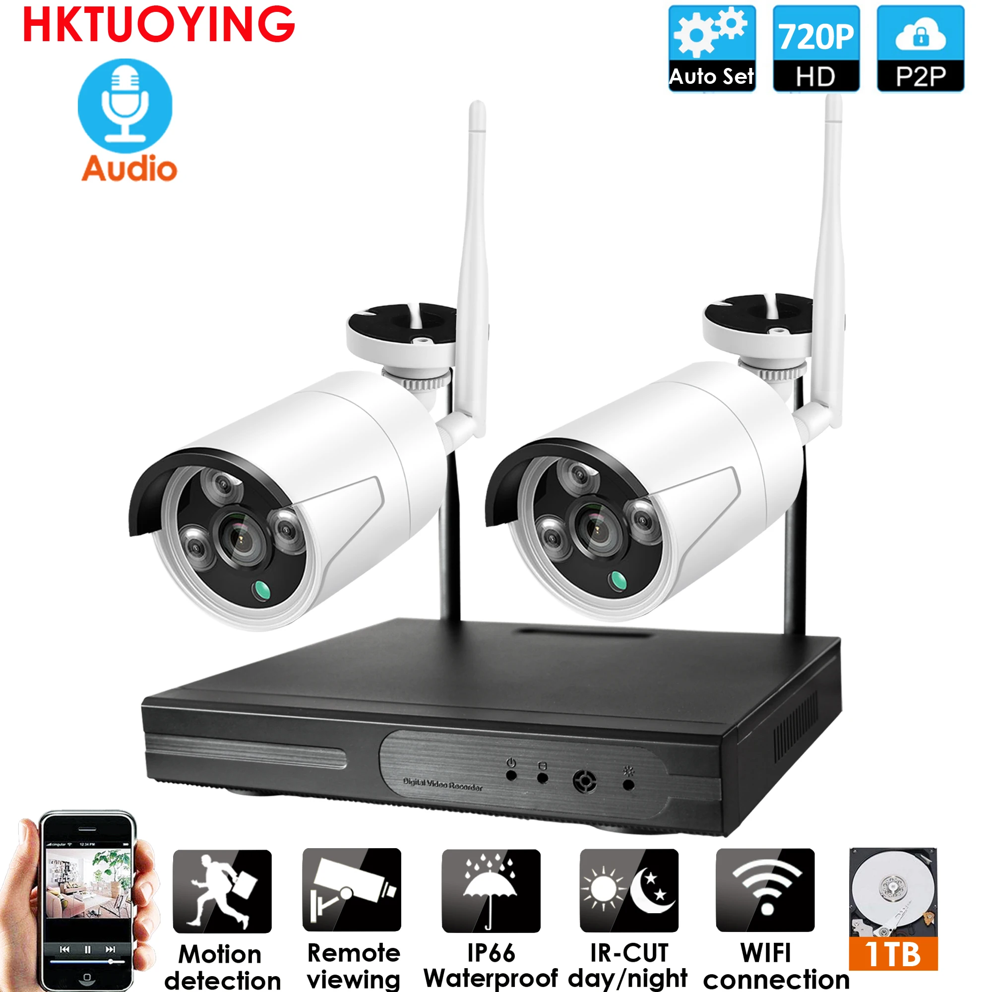 4CH CCTV-System Trådløse 720P NVR 2STK 1.0 MP IR Udendørs indendørs P2P Wifi IP-CCTV Sikkerhed Kamera System Overvågning Kit