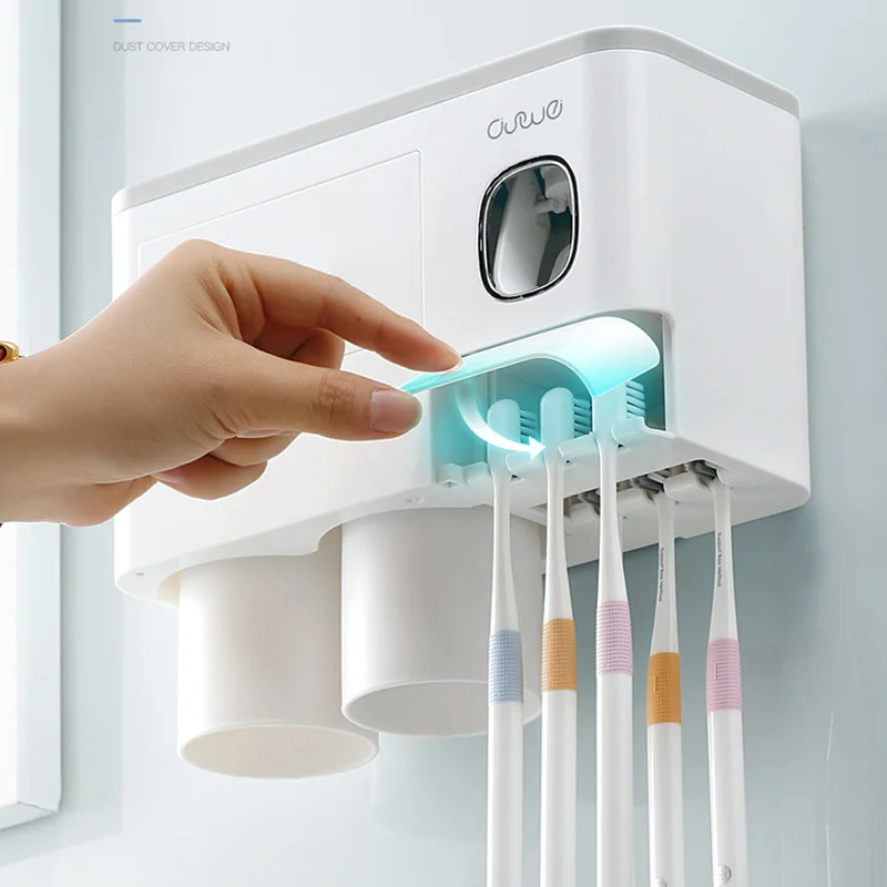 Wall-Monteret Magnetisk Adsorption Lnverted Tandbørsteholder Tandpasta Dispenser Med Cup-Storage Rack Badeværelse Tilbehør Sæt