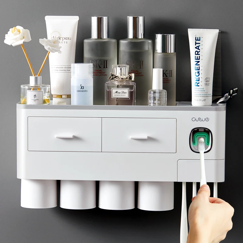 Wall-Monteret Magnetisk Adsorption Lnverted Tandbørsteholder Tandpasta Dispenser Med Cup-Storage Rack Badeværelse Tilbehør Sæt