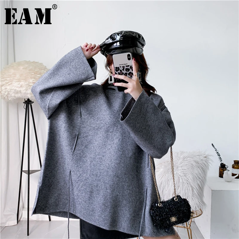 [EAM] Gray Stor Størrelse Strikke en Sweater i Loose Fit Hætte med Lange Ærmer Kvinder Trøjer Nye Mode Tidevand Efterår og Vinter 2021 1Y202