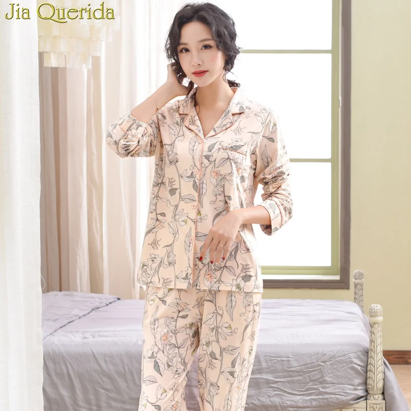 Nye Blomster Kvindelige Pyjamas Foråret Falde Lange Ærmer Pyjamas Sæt 2 Stk Bomuld Sovende Passer til Loungewear Hjem, der Passer til Kvinder