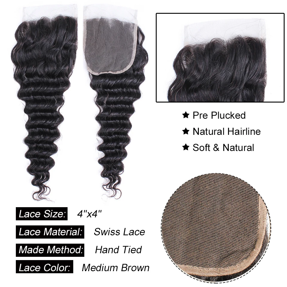 BOBBI SAMLING Brasilianske Dybe Bølge Hår Naturlige Farve 3/4 Bundter med Lace Lukning Remy Human Hair Weave 10-26 tommer