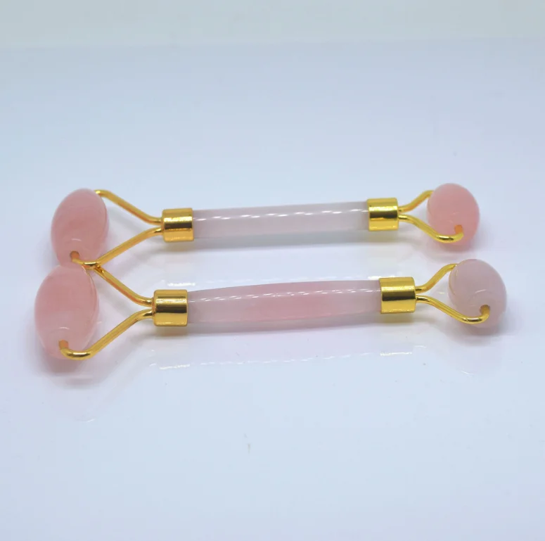 Naturlige dobbelt hoved krystal kvarts ansigt roller massager wand rosakvarts sten facial massage roller