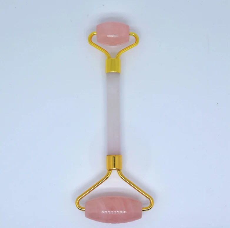 Naturlige dobbelt hoved krystal kvarts ansigt roller massager wand rosakvarts sten facial massage roller