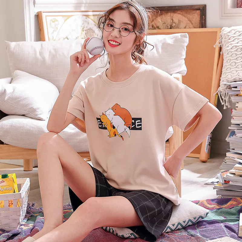 Ny tegnefilm pyjamas kvinder girl pijama mujer invierno Brev stribe trykt kortærmet T-shirt, shorts 2 delt sæt nattøj søde piger