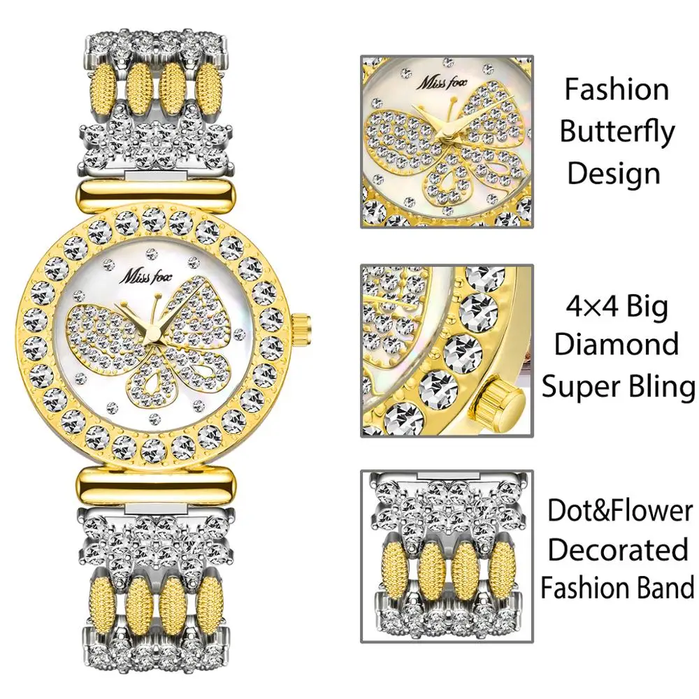 MISSFOX Butterfly Women Ure Luksus Mærke Stor Diamant i 18K Guld Ur Vandtæt Særlig Armbånd, Dyre Damer armbåndsur