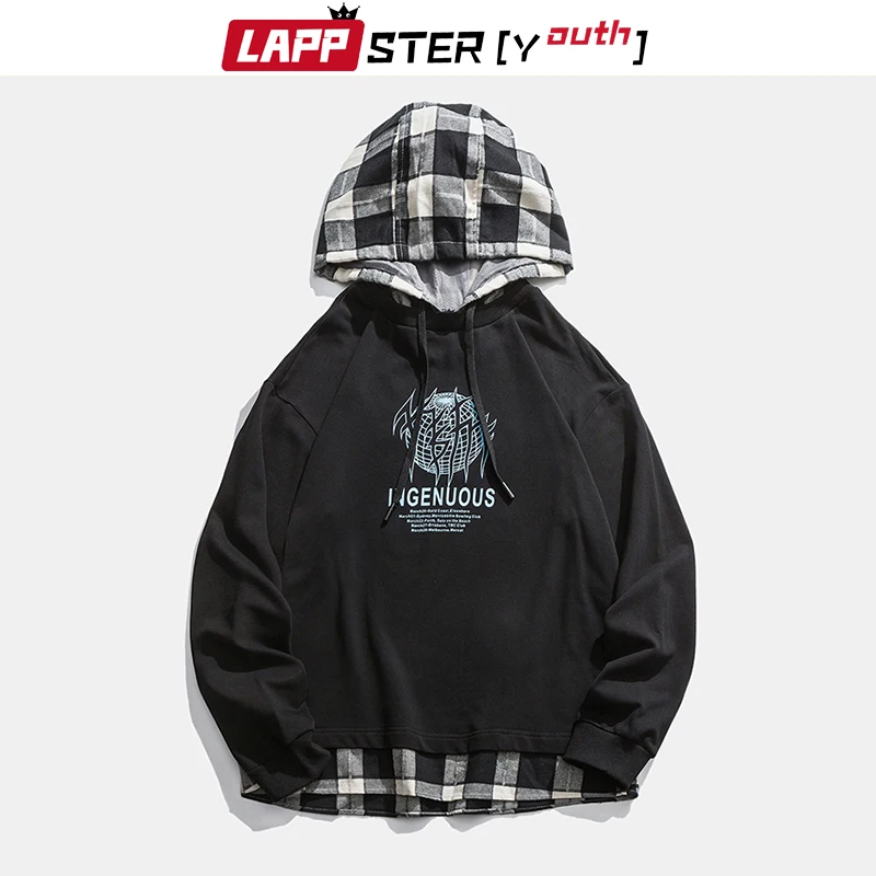 LAPPSTER-Ungdom Plaid Harajuku Overdimensionerede Hættetrøjer 2020 Trøjer Mænd koreanske Mode Sweatshirt Streetwear Hiphop Tøj Kpop