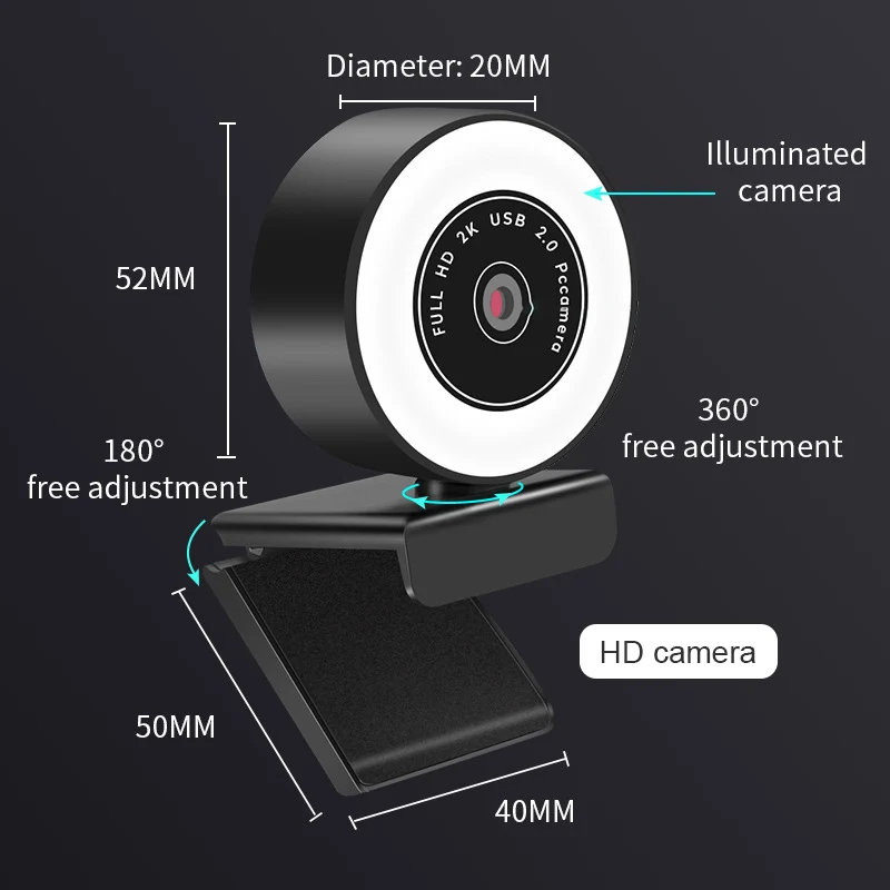 Autofokus HD 1080P Webcam 2K Web-Kamera med Mikrofon Ring lys, PC, Computer, Kamera med Lampe web cam til Damp Spjæt Video