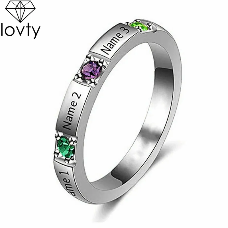 Lovty 2020 Mode Custom 3 Navne Birthstone Ring Indgraveret Navn i Sølv Primise Ring Personlig Engagement Ring for Kvinder, Piger