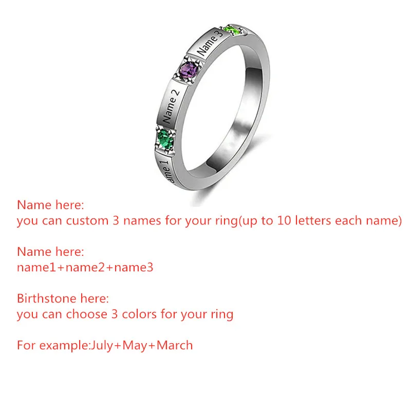 Lovty 2020 Mode Custom 3 Navne Birthstone Ring Indgraveret Navn i Sølv Primise Ring Personlig Engagement Ring for Kvinder, Piger