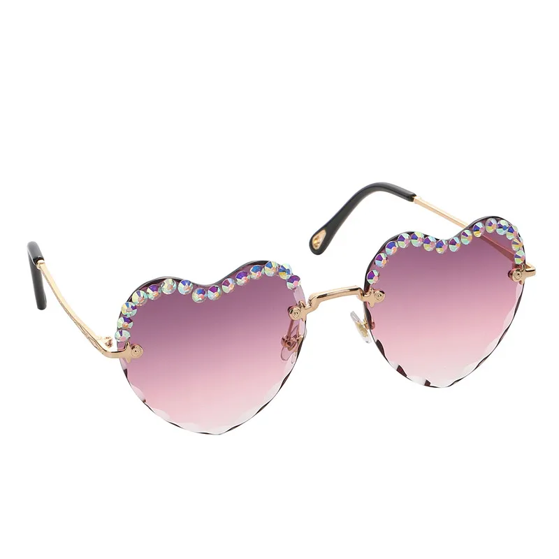 Hjerte Diamond Solbriller Kvinder Mode Semi-uindfattede Rhinestone Briller Søde Sol Briller Lilla Luksus Dekorative Briller