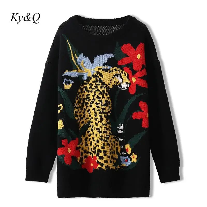 Brand Design O-hals Løs Dovne Vinatge Sort Leopard Mønster Nye Pullover Løs Top Tøj 2020 Strik Sweater Kvinder Coat