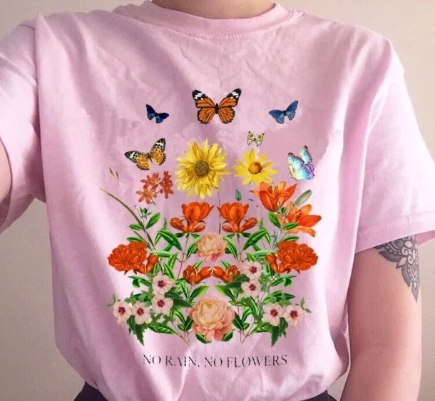 Ingen Regn, Ingen Blomster Grafisk Skjorte, Vintage Inspireret Butterfly Womens Tees 60'erne 70'erne 80'erne 90'erne Style Søde Sommer Tees Retro T Shirts