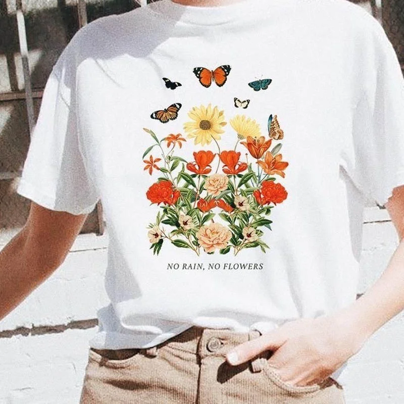 Ingen Regn, Ingen Blomster Grafisk Skjorte, Vintage Inspireret Butterfly Womens Tees 60'erne 70'erne 80'erne 90'erne Style Søde Sommer Tees Retro T Shirts