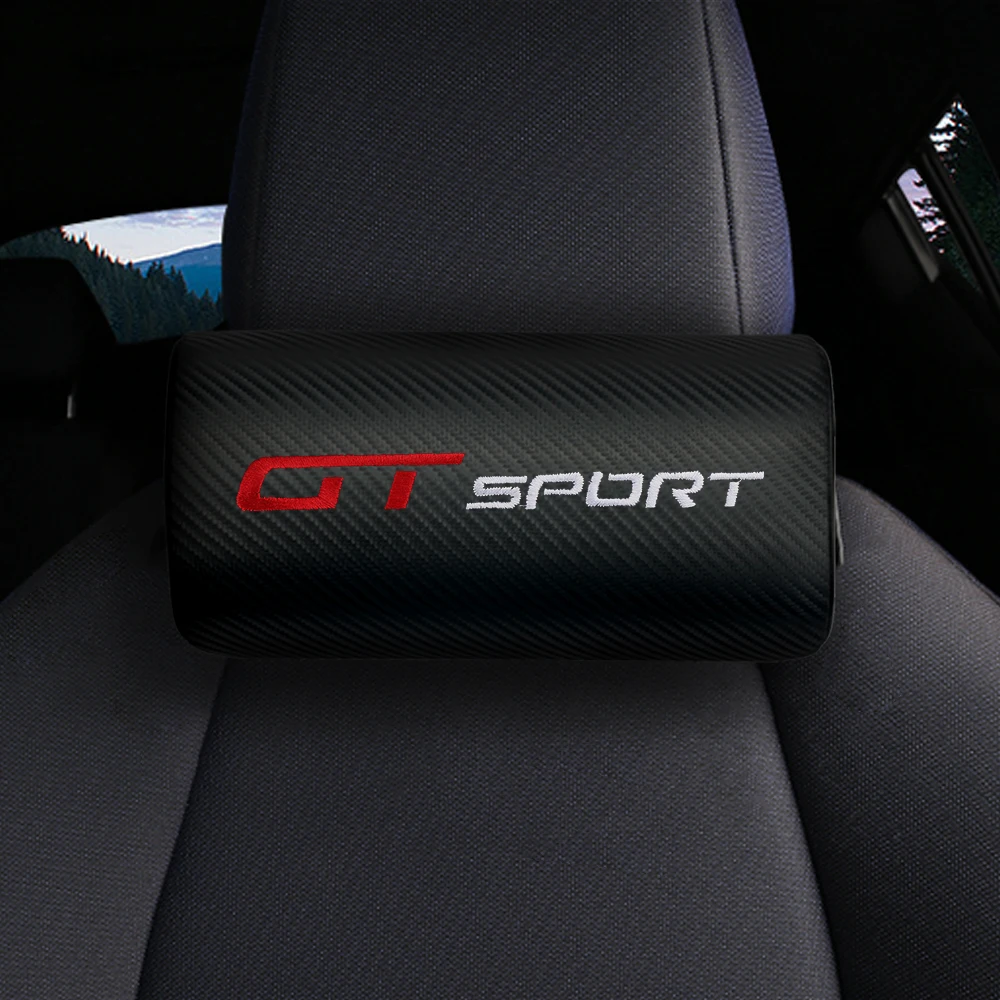 GT Sport Logo Bil Carbon Fiber Læder Hals Puder Hovedstøtte Støtte til Hovedet passer til VW, Seat Subaru Toyota, Ford, BMW, Mercedes osv.
