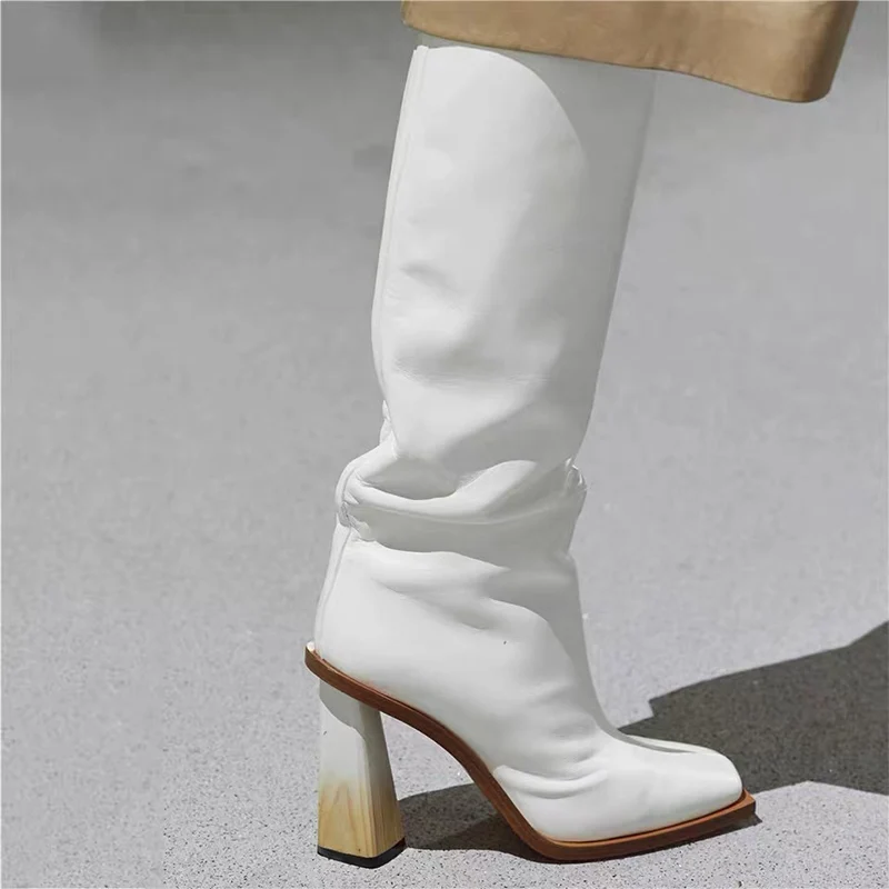 2020 efterår og vinter nye tykke højhælede formet hæl høje støvler firkantet tå lange støvler store størrelse kvinder støvler