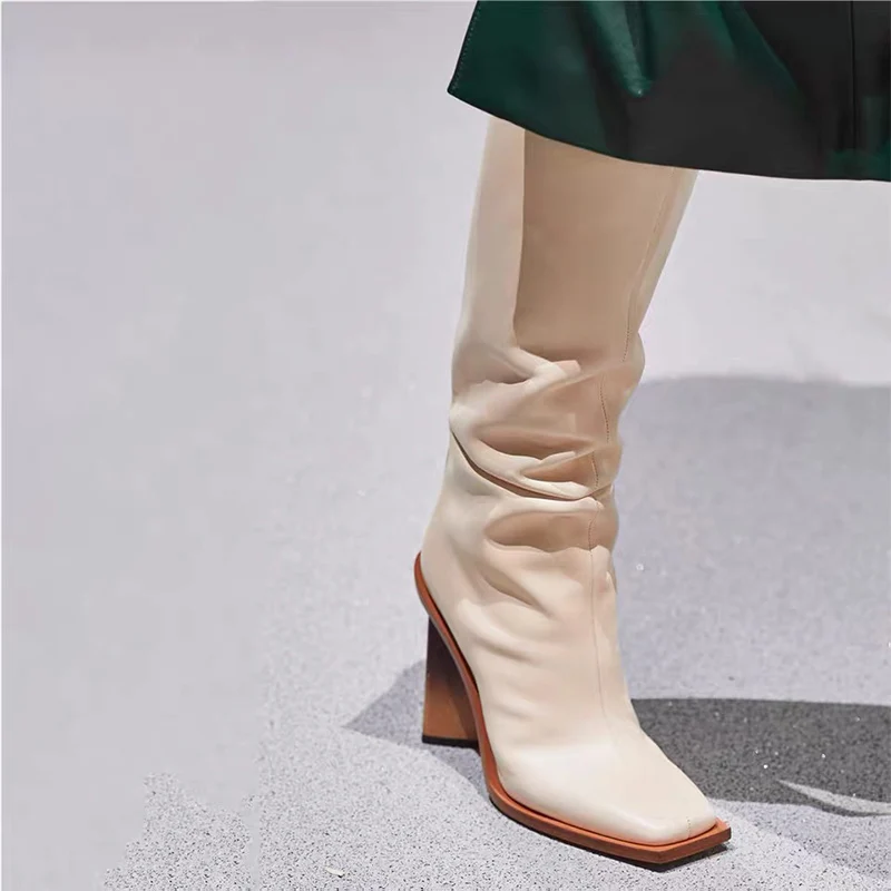 2020 efterår og vinter nye tykke højhælede formet hæl høje støvler firkantet tå lange støvler store størrelse kvinder støvler