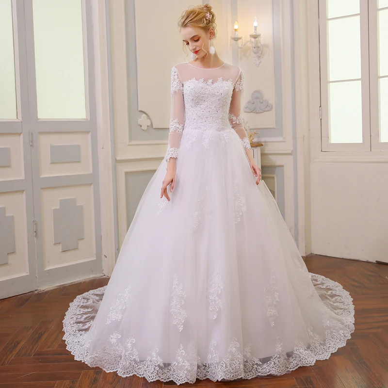 Vestido De Noiva 2021 Elegant En Linje Langærmet Brudekjole Med Tyl Pynt Beaded Prinsesse Blonder Brudekjole Robe De Mariee