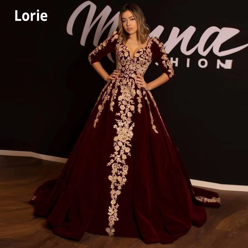 LORIE Elegante arabisk Blonder Bourgogne-Aften Kjoler 3/4 Lange Ærmer V-Hals Velvet Bolden Kjole Vestidos Formel Part Prom Kjoler