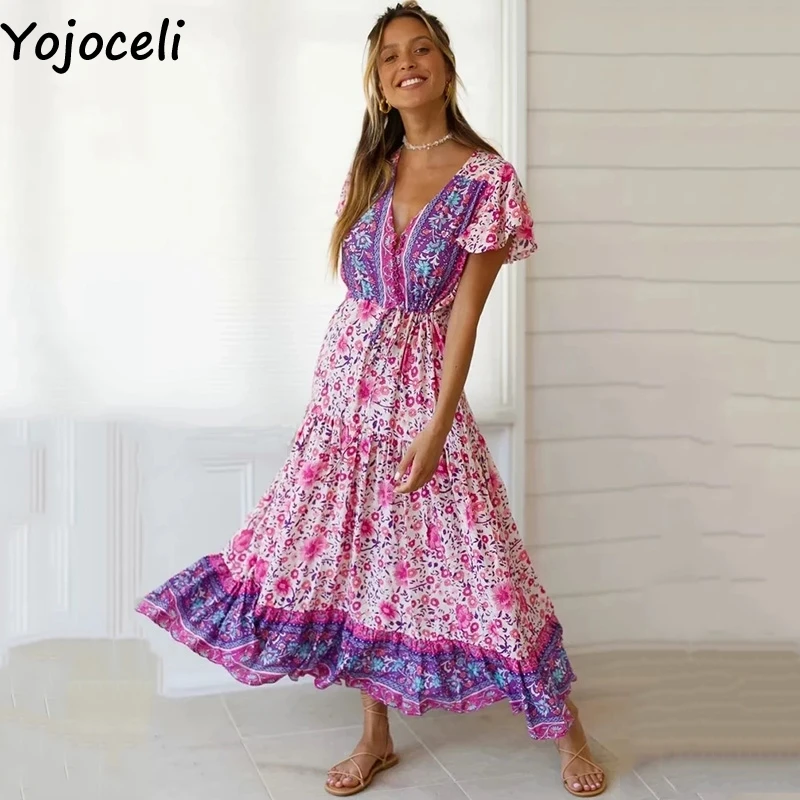 Yojoceli Elegante boho print flæsekanter wrap kjole kvinder om Sommeren sexy v hals strand lang kjole Casual cool boheme maxi kjole vestidos