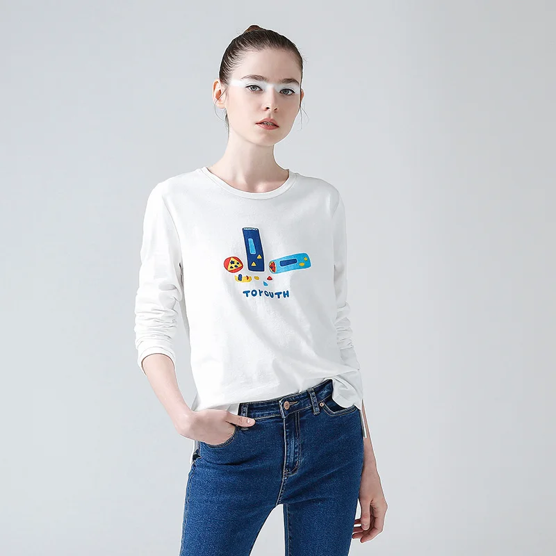 Toyouth Mode Efteråret Kvinder Med Lange Ærmer T-Shirts, Casual Løs Rund Hals Basic Toppe Brev Trykt Tee Shirt Til Pige