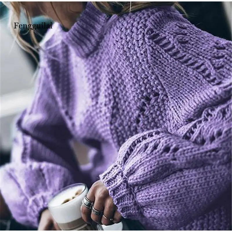Strikket Hule Kvinder Sweater med Lange Ærmer O-Hals Solid Pullover Til Kvindelige Efterår og Vinter Varm Vintage Damer Trøjer