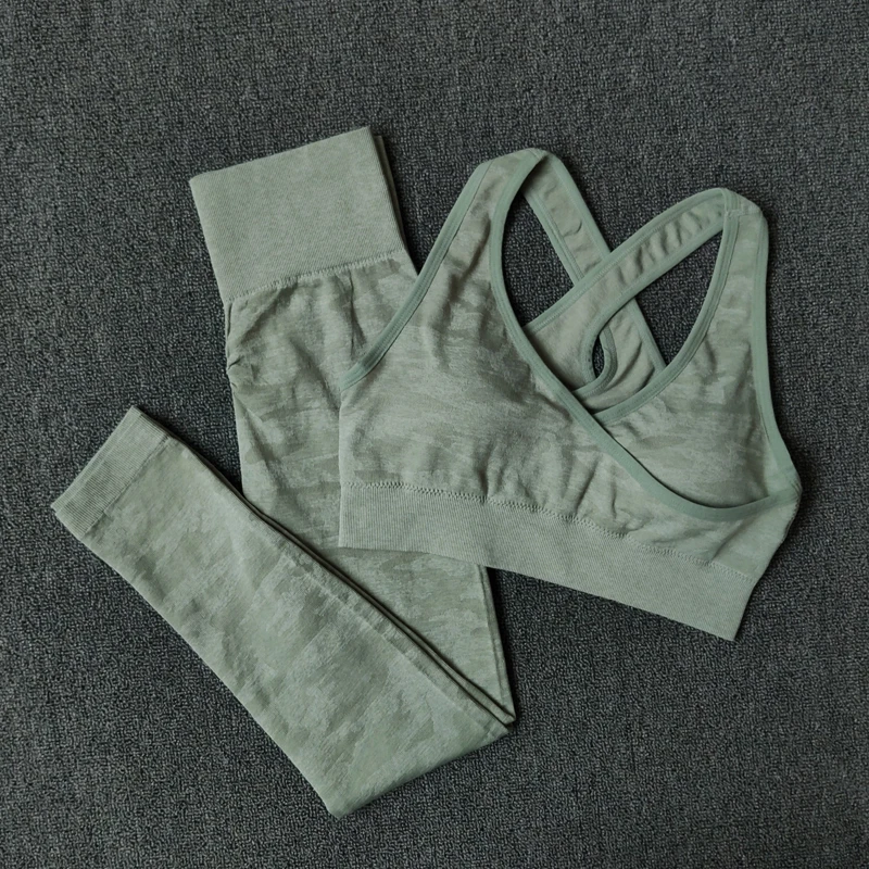 2STK Camouflage Camo Yoga Sæt sportstøj Til Kvinder Fitness Fitness Tøj Booty Yoga Leggings + Sport Bh FITNESS Sport, der Passer Femme