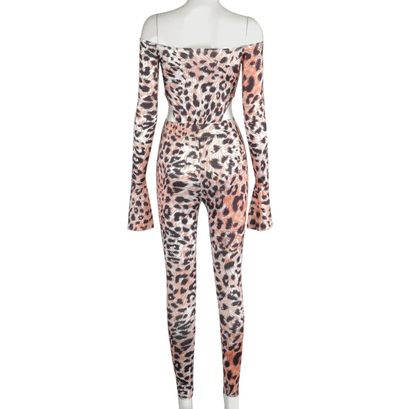 Europæisk Nye Sexet Leopard Print slank Buksedragt mode slank off skulder lange ærmer kvinder skjorte og bukser