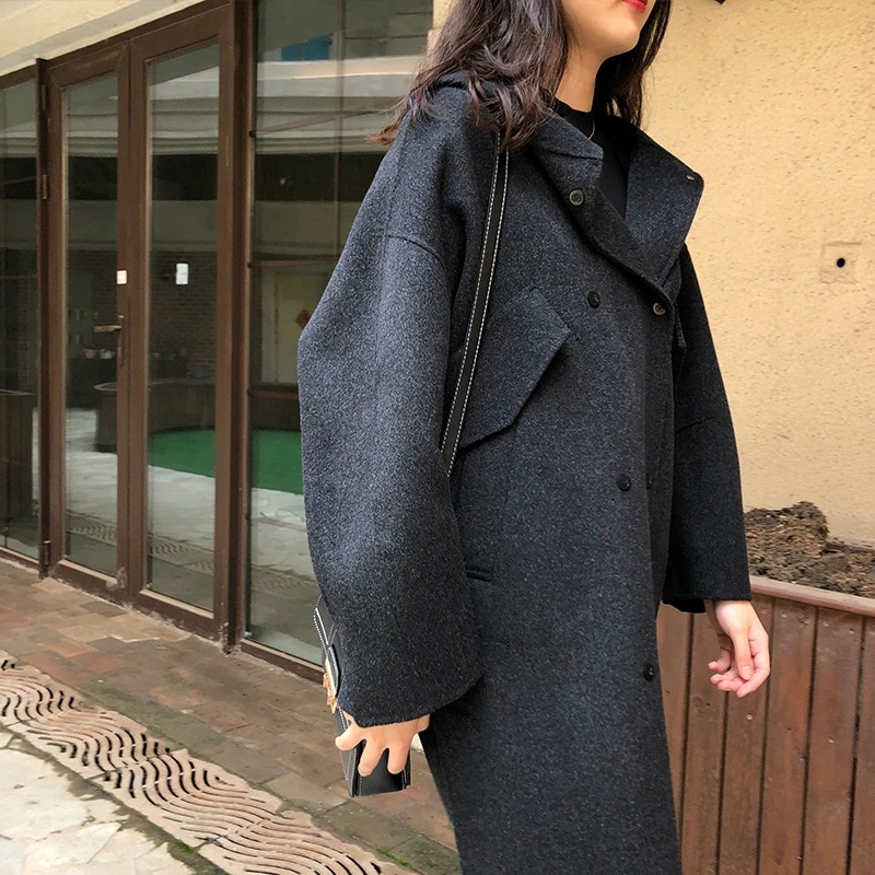 Vinteren 2019 Nye koreanske Dobbelt-sidet Uld håndsyet Lang Hooded Wool Coat Kvinder Dobbelt-breasted Casual Løs Uld Jakke