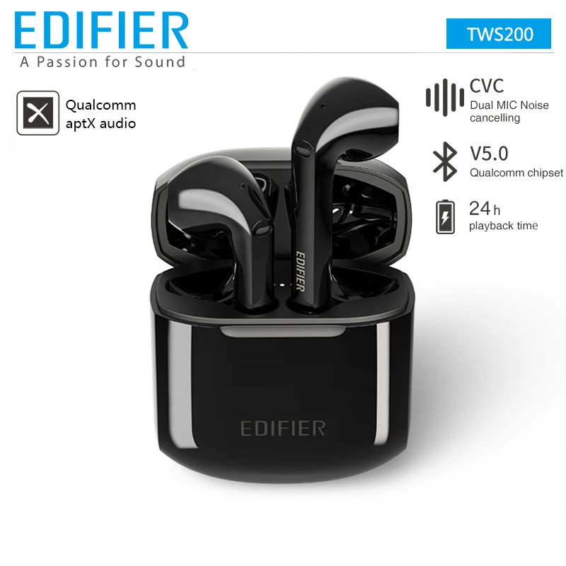 EDIFIER TWS200 TWS Trådløse Bluetooth Øretelefoner Bluetooh v5.0 aptX-Codec med Dobbelt Mikrofon 24-timers afspilningstid støjreduktion