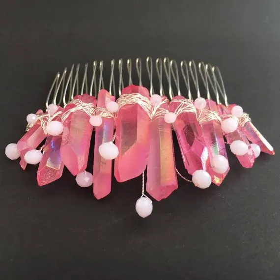 Pink Krystal Kvarts Kam Havfrue Crown Rave Medaljon Hår Klip Mini Tiara Pink Dekorative Hår Kam Krystal Kvarts Crown Kam