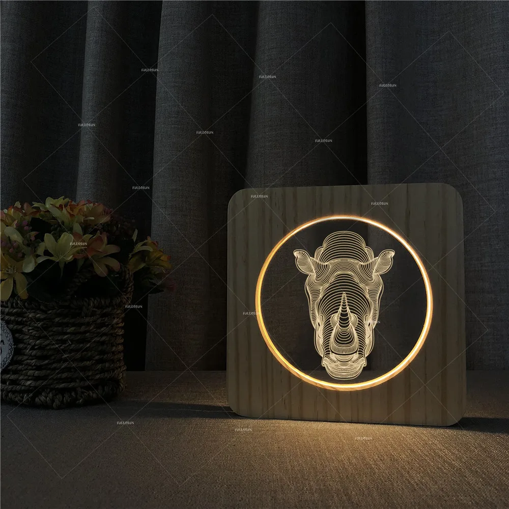 Tegnefilm Næsehorn LED Nat Lampe Ved siden af Computeren Nat Lys Træ-USB-opladning Moon lamp Julegave Soveværelse Lampe