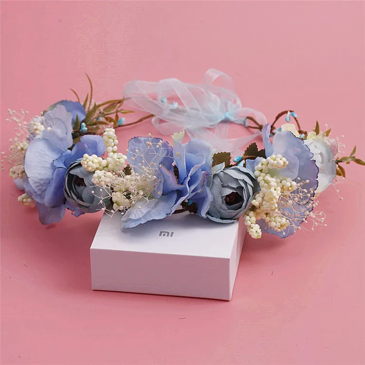 Sød blå simulering seaside beach blomst brude-krans bryllup krans hovedklæde blomst hår tilbehør