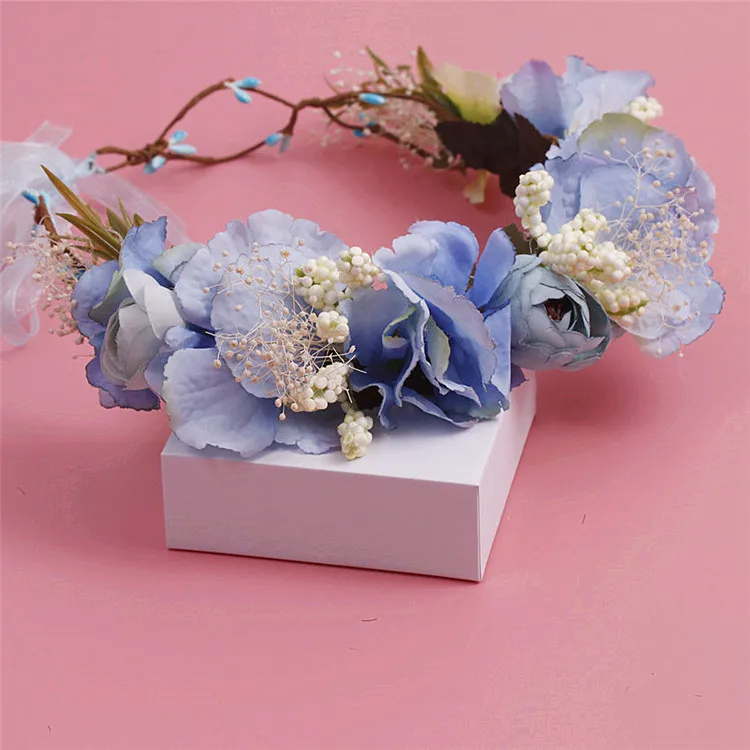 Sød blå simulering seaside beach blomst brude-krans bryllup krans hovedklæde blomst hår tilbehør
