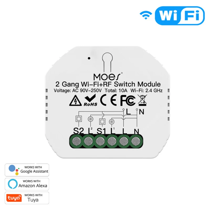 Smart Light Switch Relæ Modul 2 Gang 2 2,4 GHz WiFi+RF433 Tuya APP Smart Liv Fjernbetjeningen Fungerer sammen Med Alexa, Google Startside