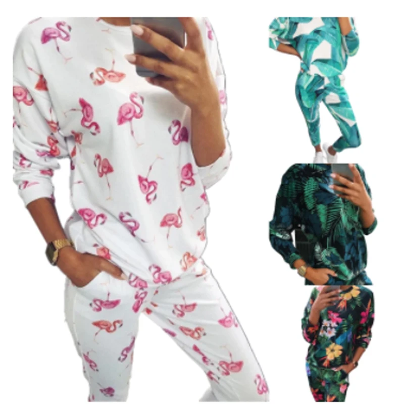 2021 Kvinder Pyjamas Sæt Tegnefilm Søde Mønster Print, Lange Ærmer O-Hals Løs Top+Lange Elastiske Bukser Sove Natten Træningsdragt Longewear