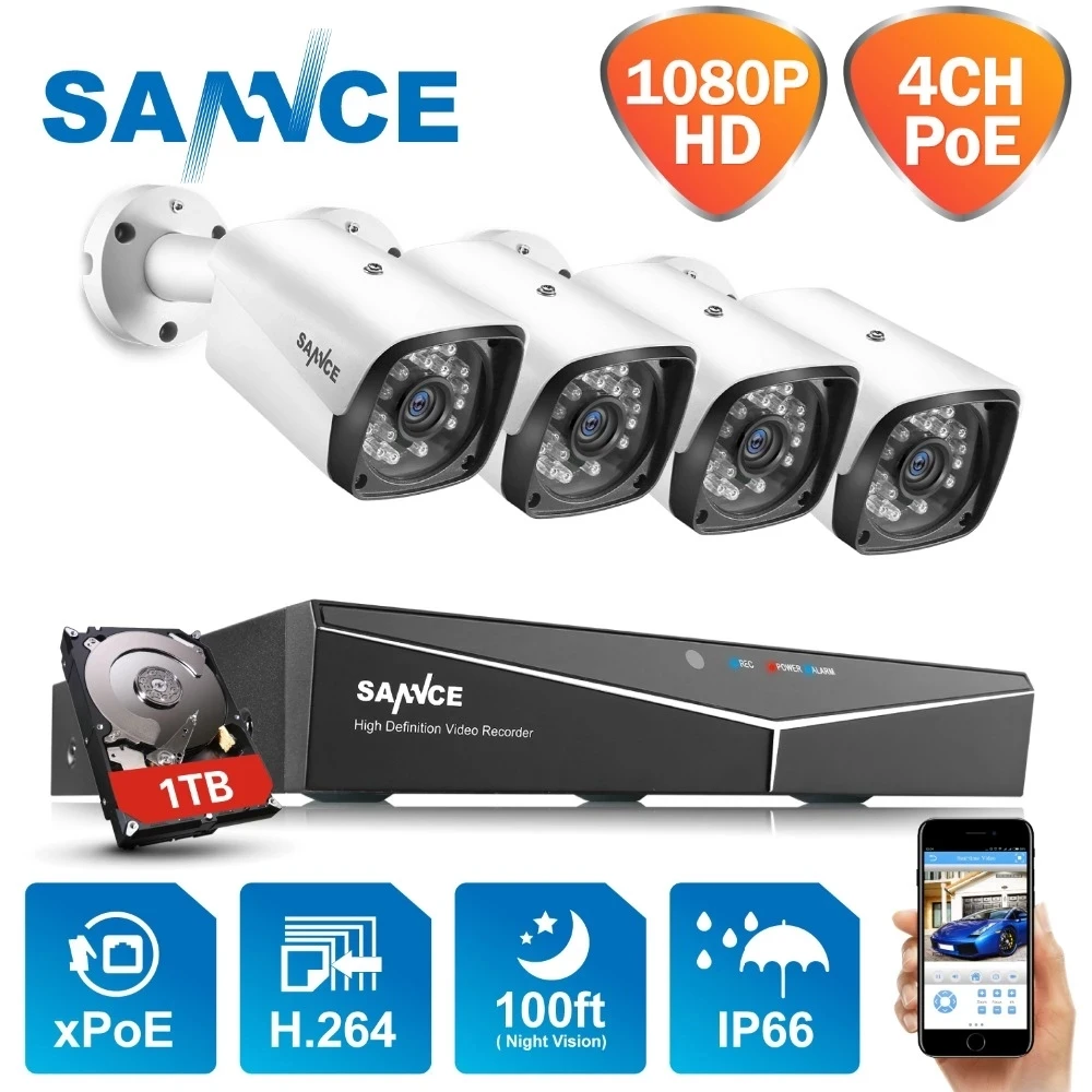 SANNCE 4CH 1080P POE NVR Kit CCTV sikkerhedssystem 2MP IR IP66 Vandtæt Udendørs IP-Kamera Plug&Play Videoovervågning Sæt