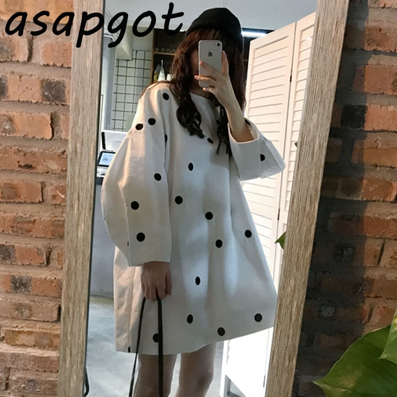 Smarte Efteråret Sød Rund Hals Løs Sort Hvid Polka Dot Lanterne Ærme Kjole Mini Casual Vestidos Mujer Bomuld Japan Mode