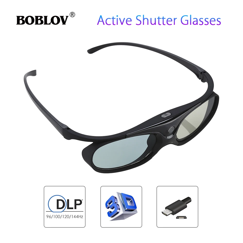 BOBLOV JX-30 3D Active Shutter-Briller DLP-Link 96Hz/144Hz USB-Genopladelige hjemmebiograf Sort Til BenQ Dell Acer 3D-Projektor